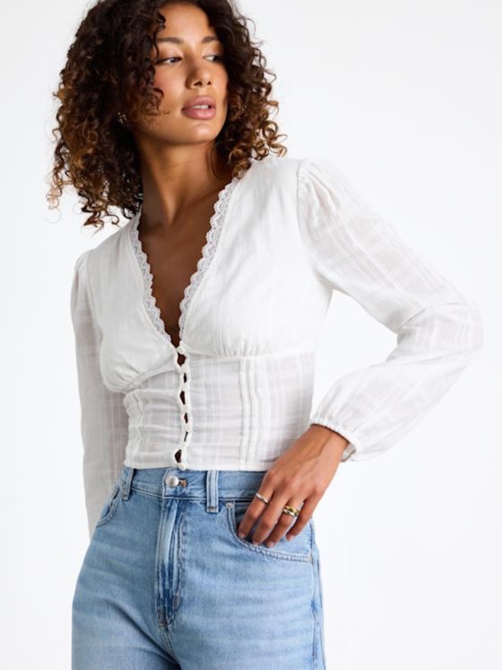 Lulus Keyra Ivory Button-front Balloon Sleeve Crop Top White - Size S